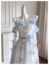 White Tulle Straps Butterfly Prom Dress