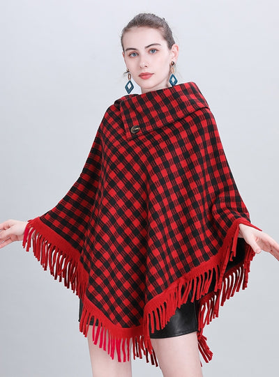 Plaid Tassel Pullover Cloak Shawl