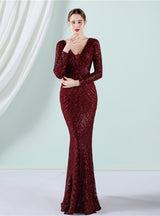 Mermaid Sequins Long Sleeve V-neck Prom Dress
