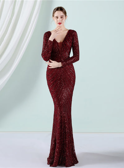 Mermaid Sequins Long Sleeve V-neck Prom Dress