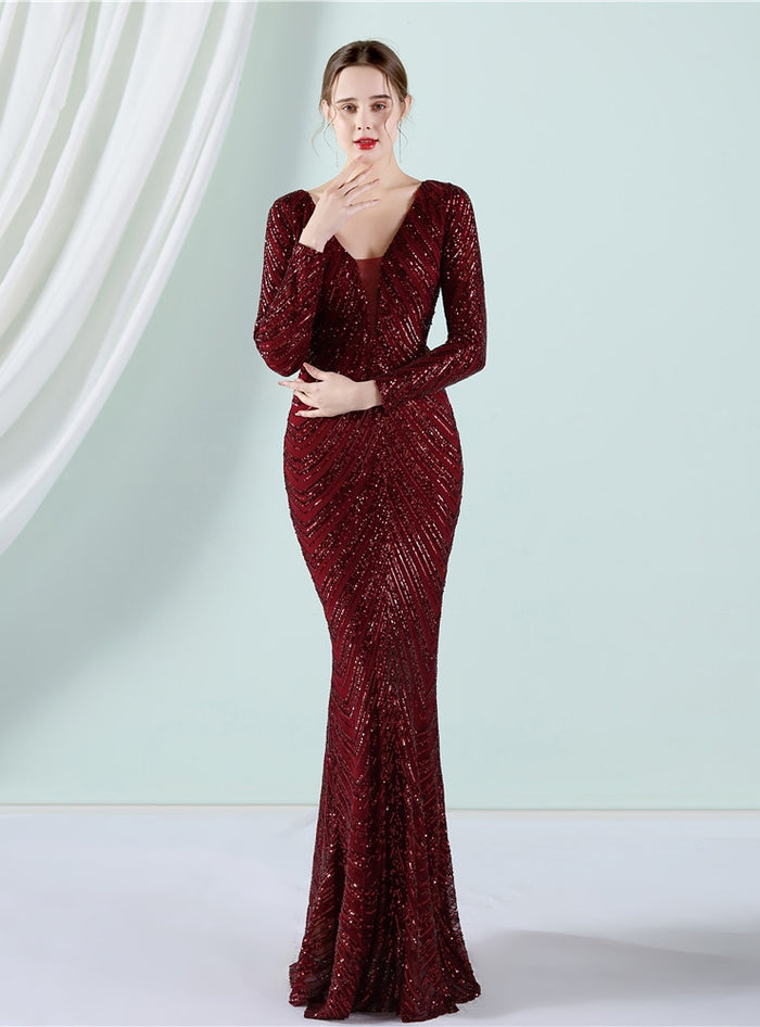 Mermaid Sequins Long Sleeve V-neck Prom Dress