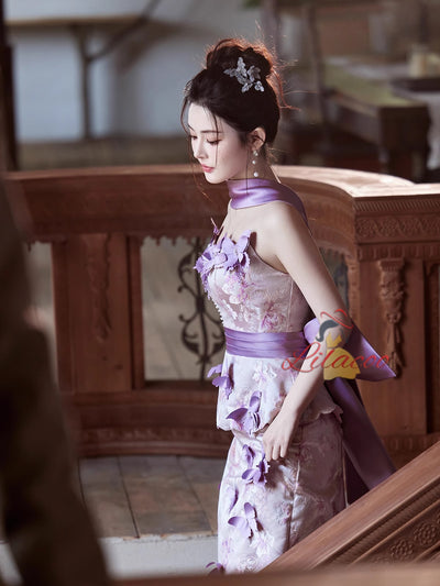 Purple Satin Strapless 3D Flower Prom Dress