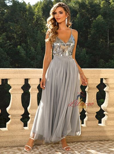 Sequins Tulle V-neck Party Dress