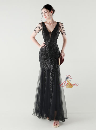 Mermaid Sequins Tulle V-neck Beading Prom Dress