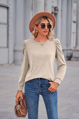 Round Neck Pleated Long Sleeve T-shirt