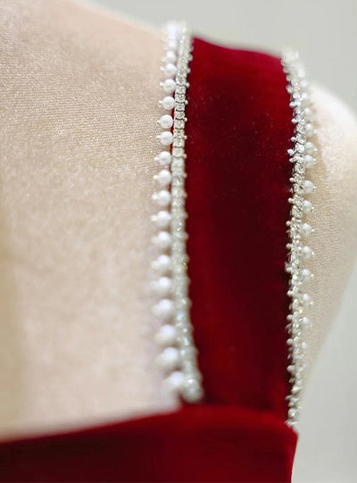 Burgundy Velvet Straps Prom Dress