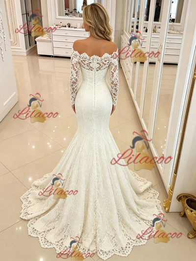 White Mermaid Long Sleeve Off the Shoulder Wedding Dress