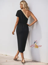 Irregular Color Matching One Shoulder Dress