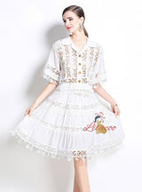 Retro Lapel Lace Shirt+Skirt Suit