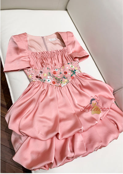 Pink Short Sleeve Pleats Embroidery Prom Dress
