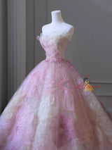 Pink Ball Gown Tulle Strapless Flower Prom Dress
