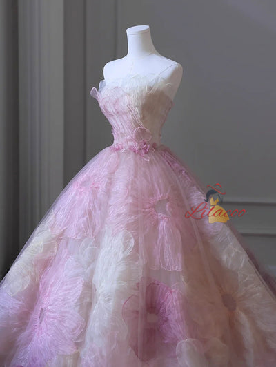Pink Ball Gown Tulle Strapless Flower Prom Dress
