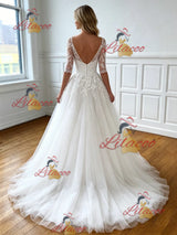 White Tulle Appliques Short Sleeve Wedding Dress