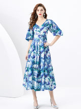 Palace Bubble Sleeve Print Long Dress