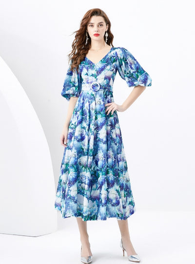 Palace Bubble Sleeve Print Long Dress