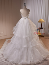 White Tulle Straps Pearls Wedding Dress