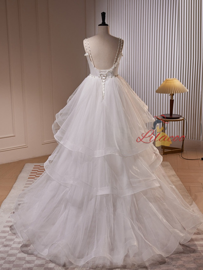 White Tulle Straps Pearls Wedding Dress