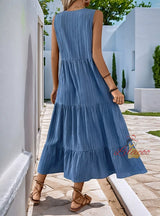 Solid Color V-neck Long Dress