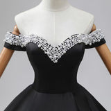 Black Satin Long Sleeve Pearls Off the Shoulder Prom Dress