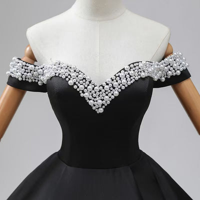 Black Satin Long Sleeve Pearls Off the Shoulder Prom Dress