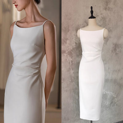 White Spaghetti Straps Pleats Wedding Dress