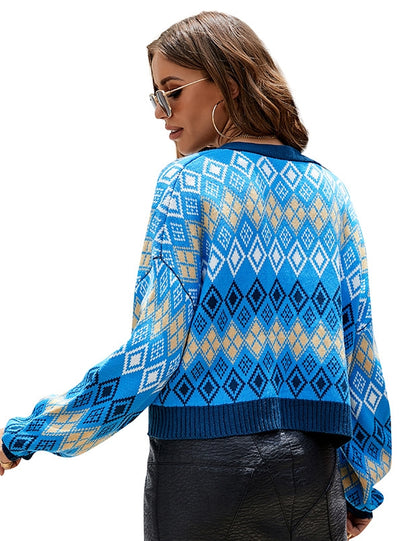 Retro Diamond Long Sleeve Knitted Coat