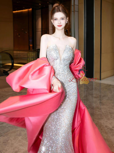 Mermaid Sequins Pink Satin Bow Prom Dress