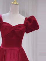 Burgundy Satin Puff Sleeve Pleats Prom Dress