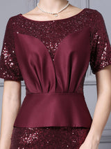 Burgundy Sequins Short Sleeve Mother Of The Bride Dress