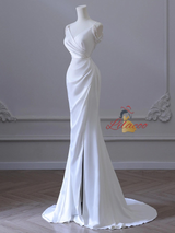 White Mermaid Satin Backless Wedding Dress