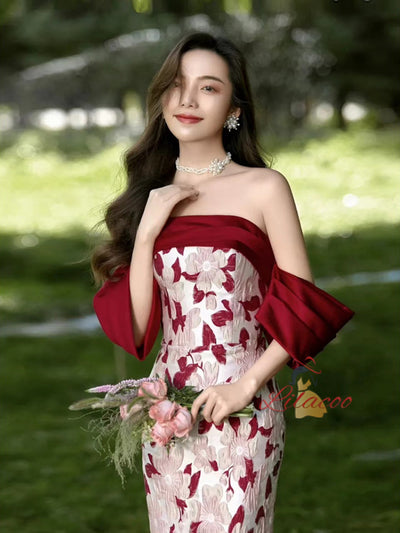 Burgundy Print Off the Shoulder Prom Dress