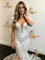 White Mermaid Lace Puff Sleeve Wedding Dress
