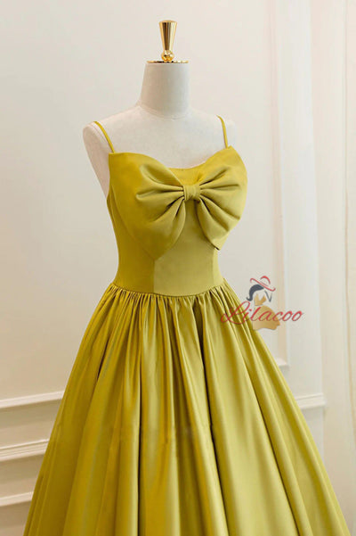 Yellow Satin Spaghetti Straps Bow Prom Dress