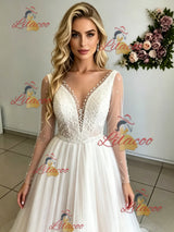 Long Sleeve V-neck Pleats Beading Wedding Dres