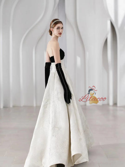 Silver Strapless Black Velvet Prom Dress
