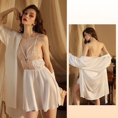 Satin Lace Suspender Nightgown Suit