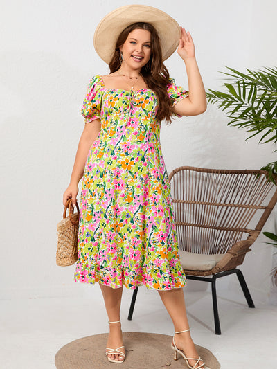 Square Neck Short Sleeve Printed Dress