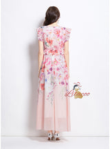 V-neck Silm Waist Printed Long Dress