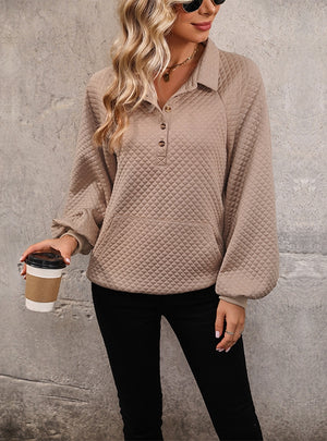 Long-sleeved Waffle Lapel Button V-tie Pocket Top
