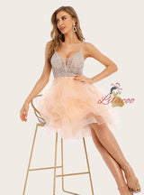 Tulle Spaghetti Straps Beading Homecoming Dress