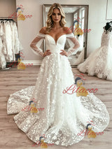 White Tulle Long Sleeve Lace Wedding Dress