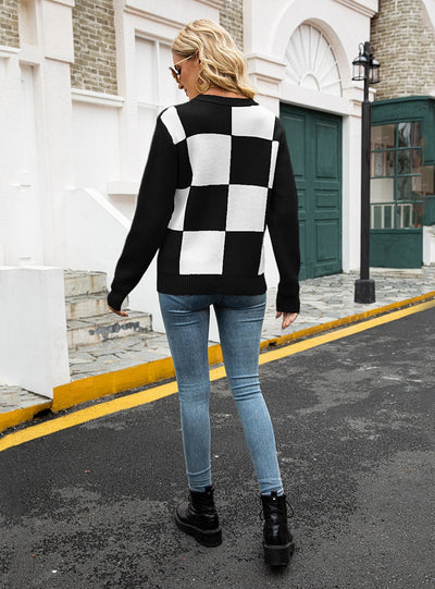 Round Neck Knitted Plaid Sweater