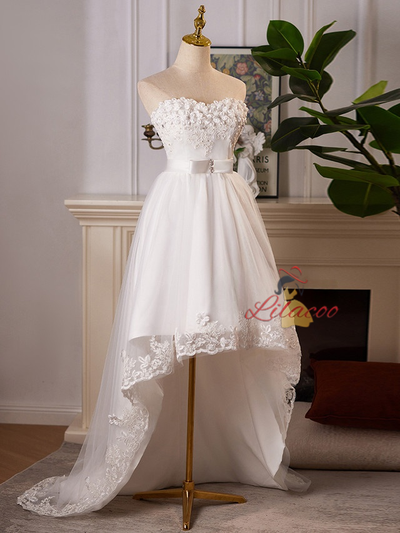 White Tulle Hi Lo Strapless Flower Wedding Dress