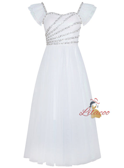 White Gauze Tulle Beading Long Dress