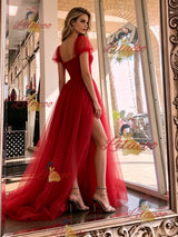 Red Tulle Puff Sleeve Puff Sleeve Prom Dress