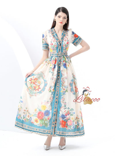 Short Sleeve Printed Long Dress