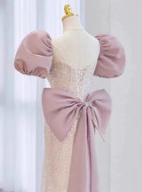 Pink Sequins Puff Sleeve Bow Prom Dress