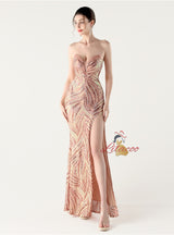 Mermaid Sequins Strapless Beading Split Prom Dress