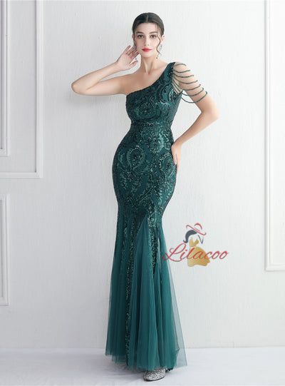 Sequins One Shoulder Beading Prom Dress
