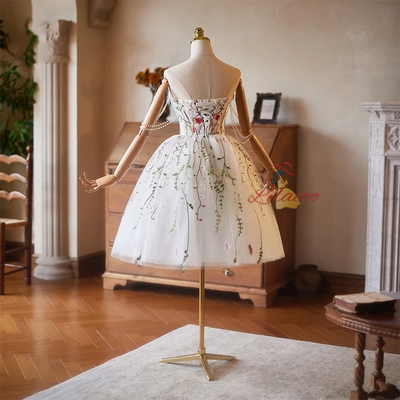 White Tulle Embroidery Pearls Homecoming Dress